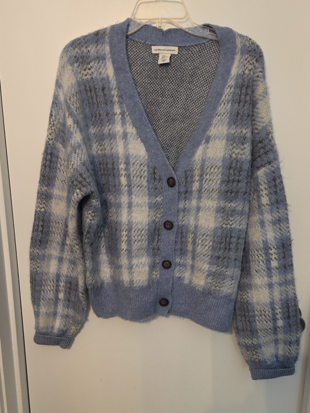 cupcakes & cashmere Light Blue and White Plaid Button-Up Cardigan